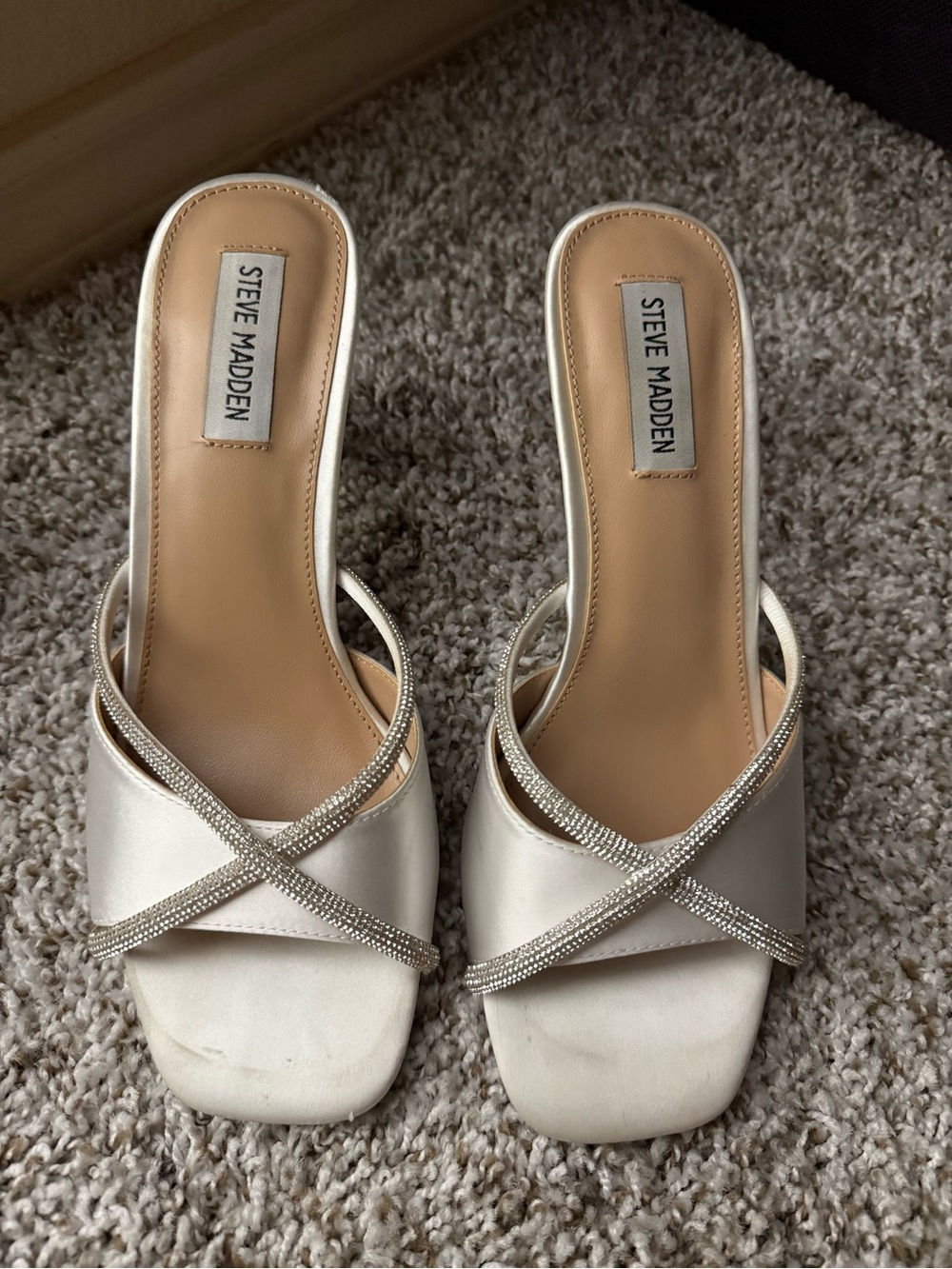 Steve Madden Women's Ivory Satin Slide Sandals with Crystal Straps